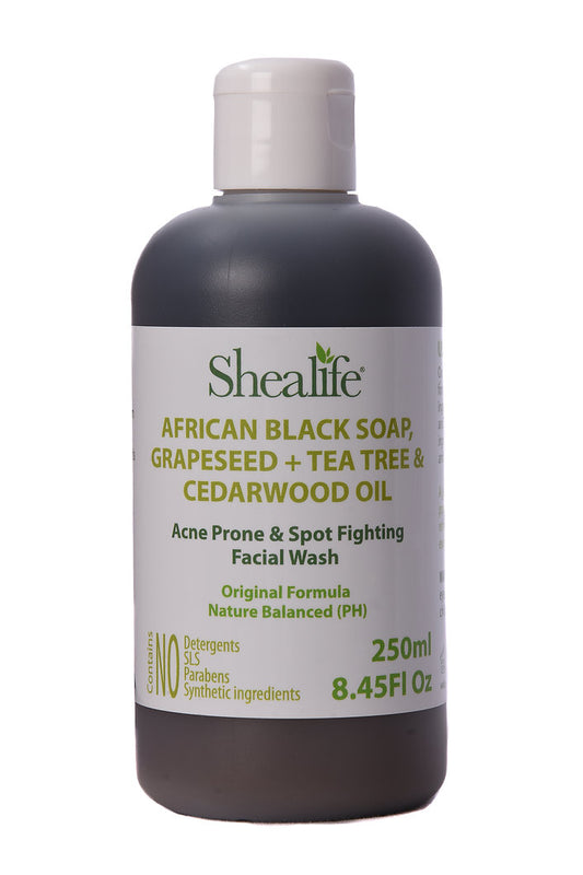 AFRICAN BLACK SOAP, GRAPESEED + TEA TREE & CEDARWOOD OIL FACIAL WASH,250ML