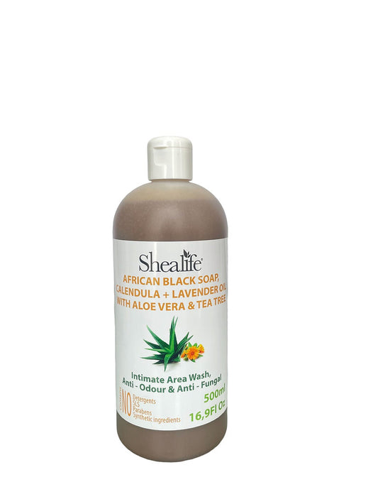 AFRICAN BLACK SOAP, CALENDULA + LAVENDER OIL WITH ALOE VERA & TEA TREE, 500ML