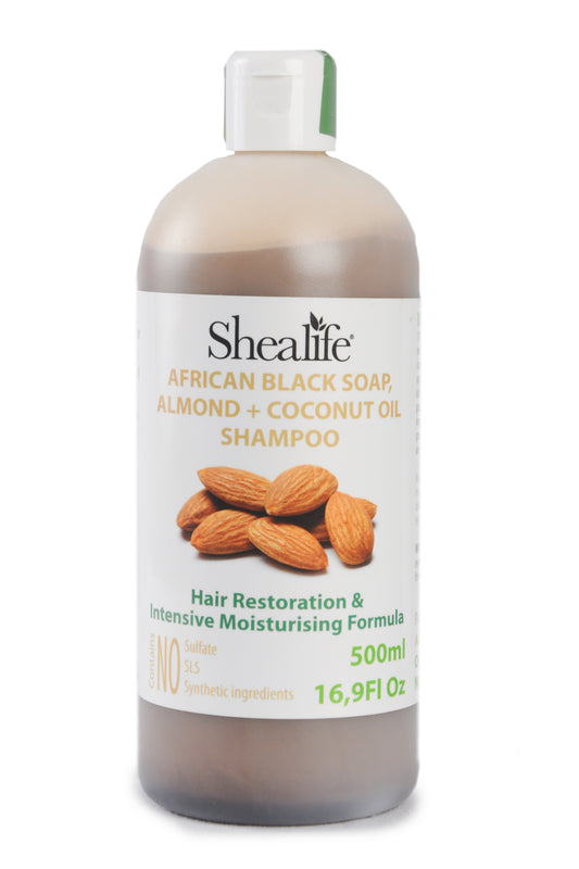 AFRICAN BLACK SOAP, ALMOND + COCONUT OIL SHAMPOO, 500ML