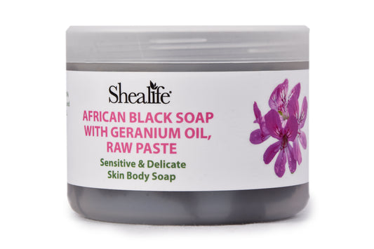 AFRICAN BLACK SOAP, RAW PASTE, WITH GERANIUM, 220G