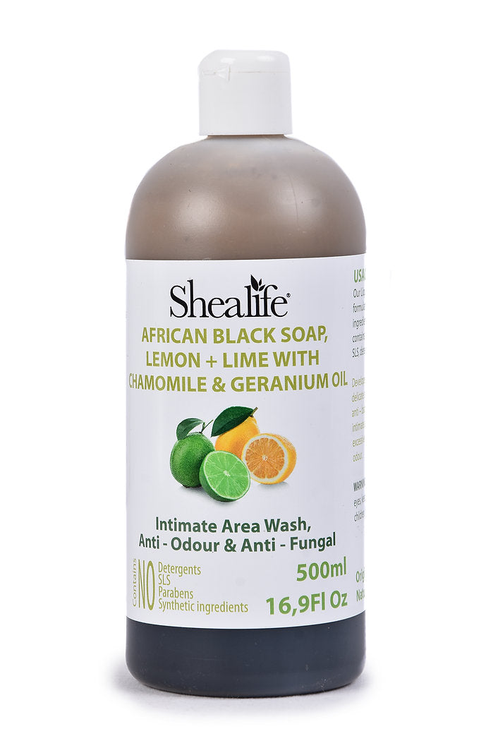 AFRICAN BLACK SOAP, LEMON + LIME WITH CHAMOMILE & GERANIUM OIL, 500ML