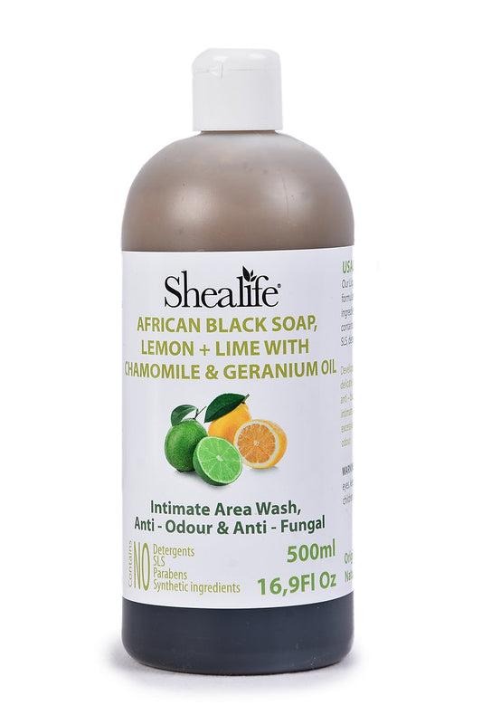 AFRICAN BLACK SOAP, LEMON + LIME WITH CHAMOMILE & GERANIUM OIL, 500ML